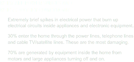 What are power surges and where do they come from? Extremely brief spikes in electrical power that burn up electrical circuits inside appliances and electronic equipment. 30% enter the home through the power lines, telephone lines and cable TV/satellite lines. These are the most damaging. 0% are generated by equipment inside the home from motors and large appliances turning off and on.